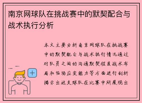 南京网球队在挑战赛中的默契配合与战术执行分析