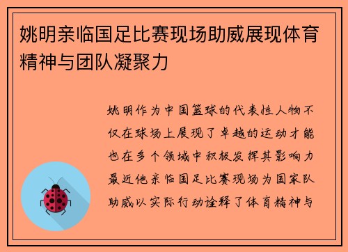姚明亲临国足比赛现场助威展现体育精神与团队凝聚力